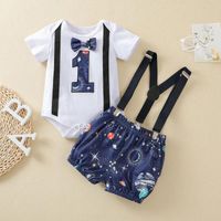 Wholesale Clothing Sets Infant Baby Boy Starrys Sky Bowtie Romper Suspender Shorts First Birthday Outfits Kids Clothes Girls Boys