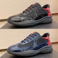 Wholesale Men America Cup Designer Sneakers Top Patent Leather Flat Trainers Black Blue Mesh Lace up Nylon Casual Shoes Outdoor Runner Shoes With Box