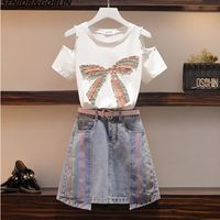 Wholesale Summer Female Sweet Bead Bow Sequins Off the shoulder Short Sleeve White T shirt and Fashion Denim Skirt two piece set