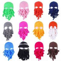 Wholesale Novelty Handmade Funny Tentacle Octopus Hat Crochet Cthulhu Beard Beanie Men s Women s Knit Wind Mask Cap Halloween Animal Gifts Y21111