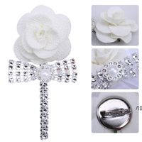 Wholesale Decorative Flowers Wreaths Men s Corsage Rhinestone Pearl Light Gold Groom Suit Pin Business Party Knot Wedding Dress Accessories DWD