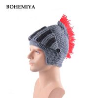 Wholesale Retro Red Tassel Roman Knight Helmet Handmade Knitted Men s Winter Warm Hats for Halloween and Christmas Mask Cosplay Funny Y21111