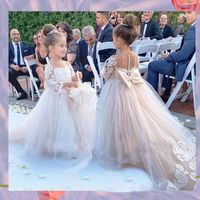 Wholesale Lace Flower Girl Dress Bows Children s First Communion Dress Princess Tulle Ball Gown Wedding Party Gowns FS9780