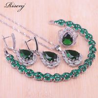 Wholesale Earrings Necklace Risenj Green Stone Russian Style Pear Silver Color Costume Jewelry Set For Women Drop Ring Bracelet