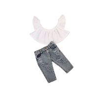 Wholesale Fashion Casual Born Toddler Baby Girls Short Sleeve Off Shoulder Pullover White Shirt Tops Denim Pants Outfit Summer Clothing Sets