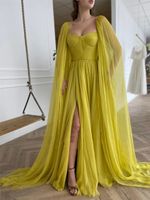 Wholesale 2021 Elegant Citrine Yellow Silk Chiffon Prom Dresses With Long Cape A Line Sweetheart Pleats Side Slit Evening Gowns