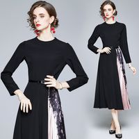 Wholesale Foreign Style Expensive Lady Dress High End Wide Waist Closing Long Sleeve Printed Pleated Skirt Small Black