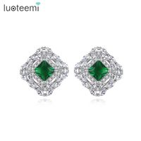 Wholesale Allakalo Stud Earrings For Women Girls Green Stone Cubic Zircon Crystal Fashion Jewellery Dating Party Christmas Gift Brincos