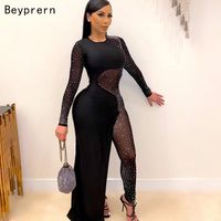 Wholesale Women s Jumpsuits Rompers Beyprern Beautiful Crystal Jumpsuit Gown Black Sparkle Hollow Out Sequins Skinny Mesh Romper One Piece Overall