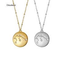 Wholesale Women Stainls Steel Zircon Diamond Inlaid Jewelry Link Chain K Gold Plated Geometric Round Zodiac Nameplate Coin Necklace