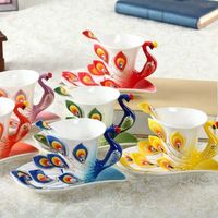 Wholesale Creative D Hand Crafted Porcelain Enamel Peacock Coffee Cup Set with Saucer And Spoon Present Ceramic Tea Cups Gift By sea T2I52994