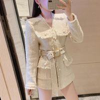 Wholesale Casual Dresses Fall Winter Thicken Warm Tweed Jackets Dress Women Fashion Single Breasted Long Sleeve Fringed Tassels Pearl Pocket Knitted C