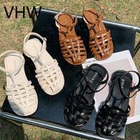Wholesale Women Flats Sandals FACTORY_STORE01 Summer Casual Cross Weaving Closed Round Toe Leather Shoes Vintage Fashion Brown Female Casual Shoes YTJU5665UNH