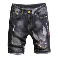 Wholesale Summer Fashion Men s Denim Shorts Chinese Style Embroidery Classic Black Stretch Slim Casual Short Jeans Trend Streetwear Male H1210