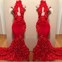 Wholesale Design Halter Red Mermaid Prom Dresses Appliques Sexy Formal Evening Dress Sweep Train Satin Fashion Cocktail Party Gowns