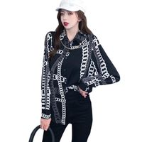 Wholesale Women s Blouses Shirts Vintage For Women Korean Chain Print Tops Collar Loose Fashion All Match Long Sleeved White Black XL