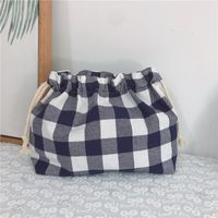 Wholesale Cotton Fabric Plaid Drawstring Cosmetic Bag Portable Makeup Storage Korean Small Hand Bags Women Travel Pouch Cases