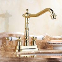 Wholesale Gold Color Brass quot Centerset Bathroom Two Holes Basin Faucet Sink Mixer Tap Swivel Spout Double Ceramic Levers Mnf428 Faucets