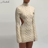 Wholesale Casual Dresses Macheda Autumn Apricot Slim Dress Women Turtleneck Long Sleeve Sexy Back Hollow Out Knitting Lady Mini Bodycon