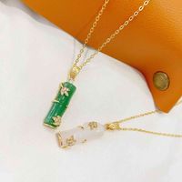 Wholesale Real Gold Plated Stainls Steel Long Bamboo Shape Charm Pink Natural Jade Pendant Necklace for Women Girls Jewelry