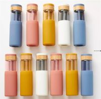 Wholesale NEW520ml Borosilicate Glass Water Bottles with Bamboo Lid Colors Non Slip Silicone Sleeve Sports Water Bottle sea shipping RRA10883