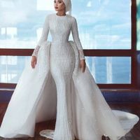 Wholesale 2021 Saudi Arabia Hijab Wedding Dresses with Detachable Train Beading Sequins Mermaid Long Sleeve Muslim Bridal Party Gowns