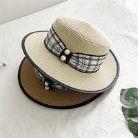 Wholesale 202103 dudu Summer Pu Brim Plaid Bowknot Pearl Button Paper Lady Fedoras Cap Women Leisure Panama Jazz Hat Stingy Hats