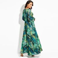 Wholesale Casual Dresses Women Boho Green Maxi Dress Floral Print Long Beach Summer Sleeve Deep V Neck Plus Size Trips Travel Fashion