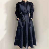 Wholesale Spring Women Simple Stand up Collar Long Sleeve Single breasted Loose Sashes Casual Ladies Navy Blue Dress