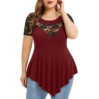 Wholesale Women s T Shirt Plus Size Women Fashion O Neck Sexy Floral Lace Sheer Patchwork Short Sleeve Irregular Casual Loose Top Tees Summer