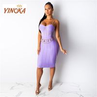 Wholesale Casual Dresses Yinoka Women Bodycon Bandage Dress Sexy Hollow Out Purple V Neck Sleeveless Party Clubwear