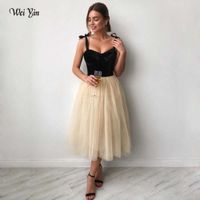 Wholesale Weiyin AE0621 Tulle Spaghetti Prom Dresses A Line Velvet Top Sexy Girls Cocktail Dresses Tea Length Homecoming Dresses Y0706