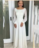 Wholesale Simple Chiffon wedding dress Long Sleeve Plain Floor Length Bridal Gown Robe De Mariee White Simple Beach Scoop Elegant Zipper