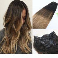 Wholesale Clip In Human Hair Extensions Balayage Ombre Medium Brown With Ash Blonde Balayage Highlights gram Pieces