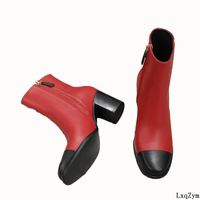 Wholesale Boots China Red Chunky Ankle Fashion Brand Elegant Lady Wedding Party Pumps Cow Leather Side Zipper Round Toe CM Height Heel