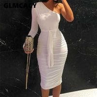 Wholesale Women Elegant Fashion Sexy White Cocktail Party Slim Fit Dresses One Shoulder Belted Ruched Design Bodycon Midi Dress