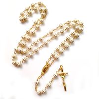 Wholesale White Acrylic Beads Gold Jesus Cross Pendant Rosary Necklace Religous Pray Jewelry