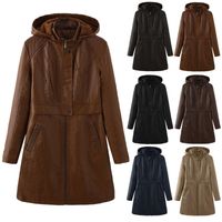 Wholesale The Foreign Trade Women s Long style Windcoat Plus Velvet Leather Jacket Windproof Hood Removable Faux