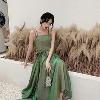Wholesale Ethnic Clothing Female Green Elegant Banquet Gown Exquisite Bow Trim Pleated Dresses Temperament Sexy Spaghetti Strap Formal Party Dress S
