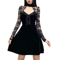 Wholesale Casual Dresses Women Long Sleeved Dress With Stitching Lace Hollow Chest Sexy Flower Pattern Spring Clothing