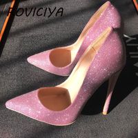 Wholesale Pink Pumps Women cm Thin High Heels Shoes Sexy Glitter Leather Bright Pointed Toe Female Stiletto Bling LF015 ROVICIYA