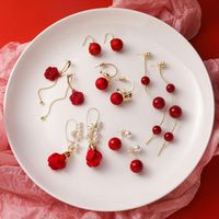Wholesale Red Pearl Chinese Style Festive Temperament Fashion Elegant Personality Wild Rose Flower Tassel Earrings Women Stud