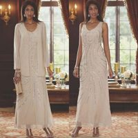 Wholesale Elegant V Neck Mothers Dresses Two Pieces Beaded Wedding Guest Ankle Length Mother Of the Bride Dresses With Long Sleeves Jacket
