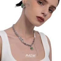 Wholesale Chains MASW One Layer Chain Necklace Trend Brass Metal Natural Pearl Zircon Green Resin Pendatn Women Jewelry Gifts