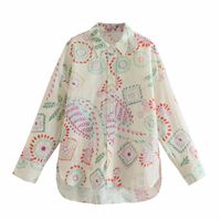 Wholesale summer women flower printing side slit linen blouse female long sleeve shirt casual lady loose tops blusas s8853