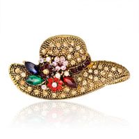 Wholesale Beautiful Gold Color Straw Hat Brooches with Colorful Rhinestones Flower Women Girls Brooch Pins Jewelry Wedding Decoration