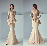 Wholesale Dubai Arabic Champagne Lace Stain Peplum Mermaid Mother of the Bride Dresses Long Sheer Neck Long Sleeve Elegant Evening Formal Gowns