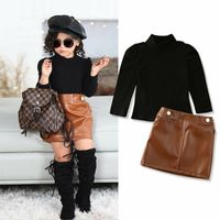 Wholesale 2021 Newest Hot Toddler Baby Girls Kids Turtleneck Long Puff Sleeve Sweater Tops Leather Pencil Skirt Outfit Clothes Set V2