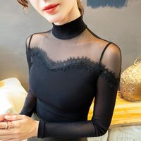 patched top 2022 - Women's T-Shirt Turtleneck Mesh Tops Women Patched Lace Sexy Fashion T Shirts Female Full Sleeve Elastic Tees