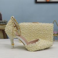 Wholesale Lace Flower Wedding Shoe And Bag Set Ivory Pearl Heels Pointed Toe Ankle Strap Ladies Party With Matching Lace up Sandals